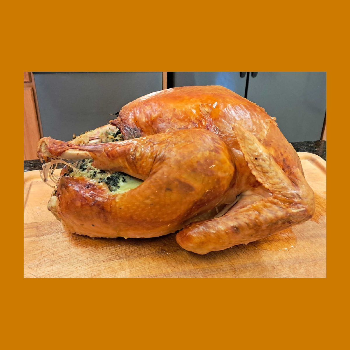 a turkey stuffed with the Italian spinach stuffing recipe