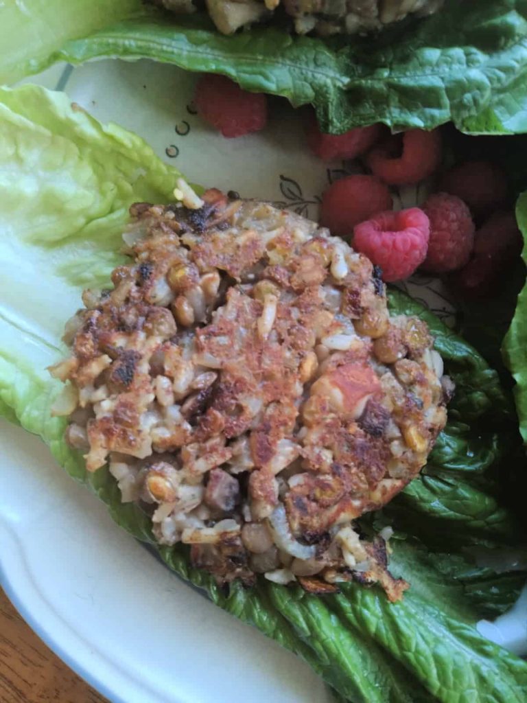 a homemade veggie burger on lettuce