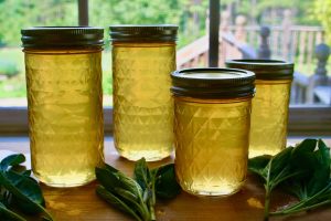 jars of pineapple sage herb jelly with fresh herbs