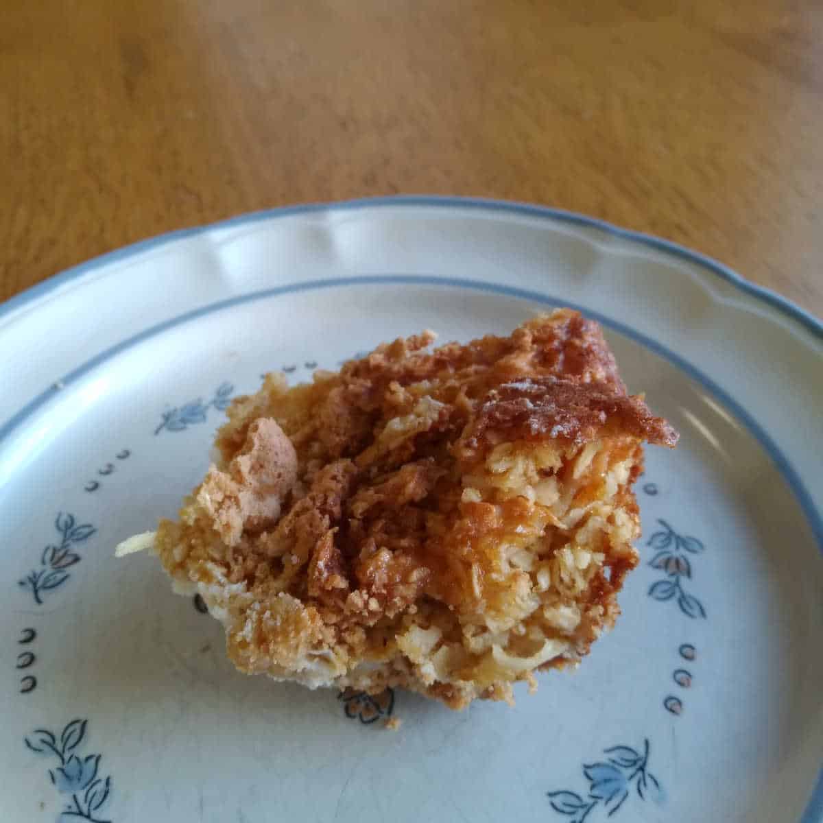 a browned overcooked coconut bar on a blue flowered plate