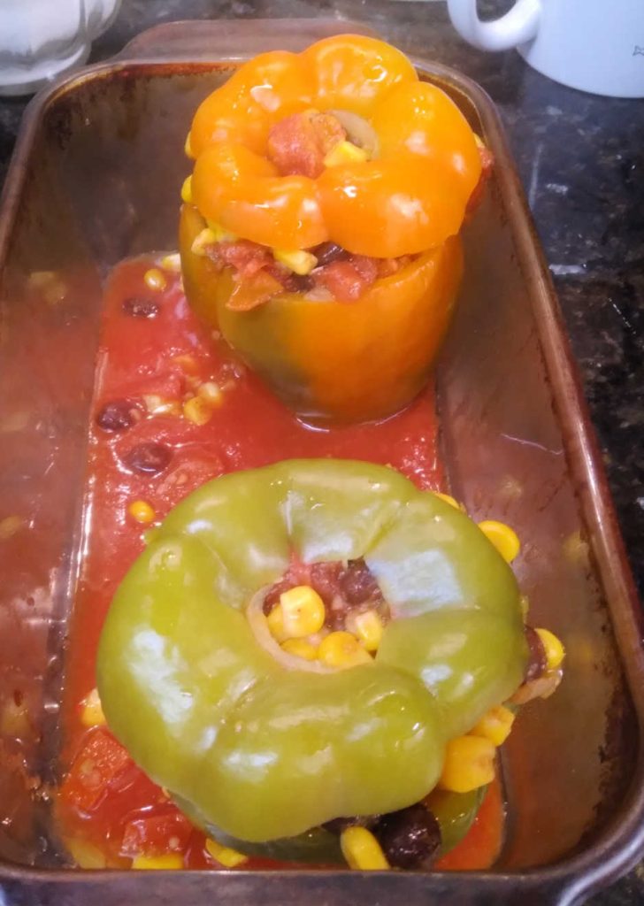 stuffed peppers without rice in a baking dish