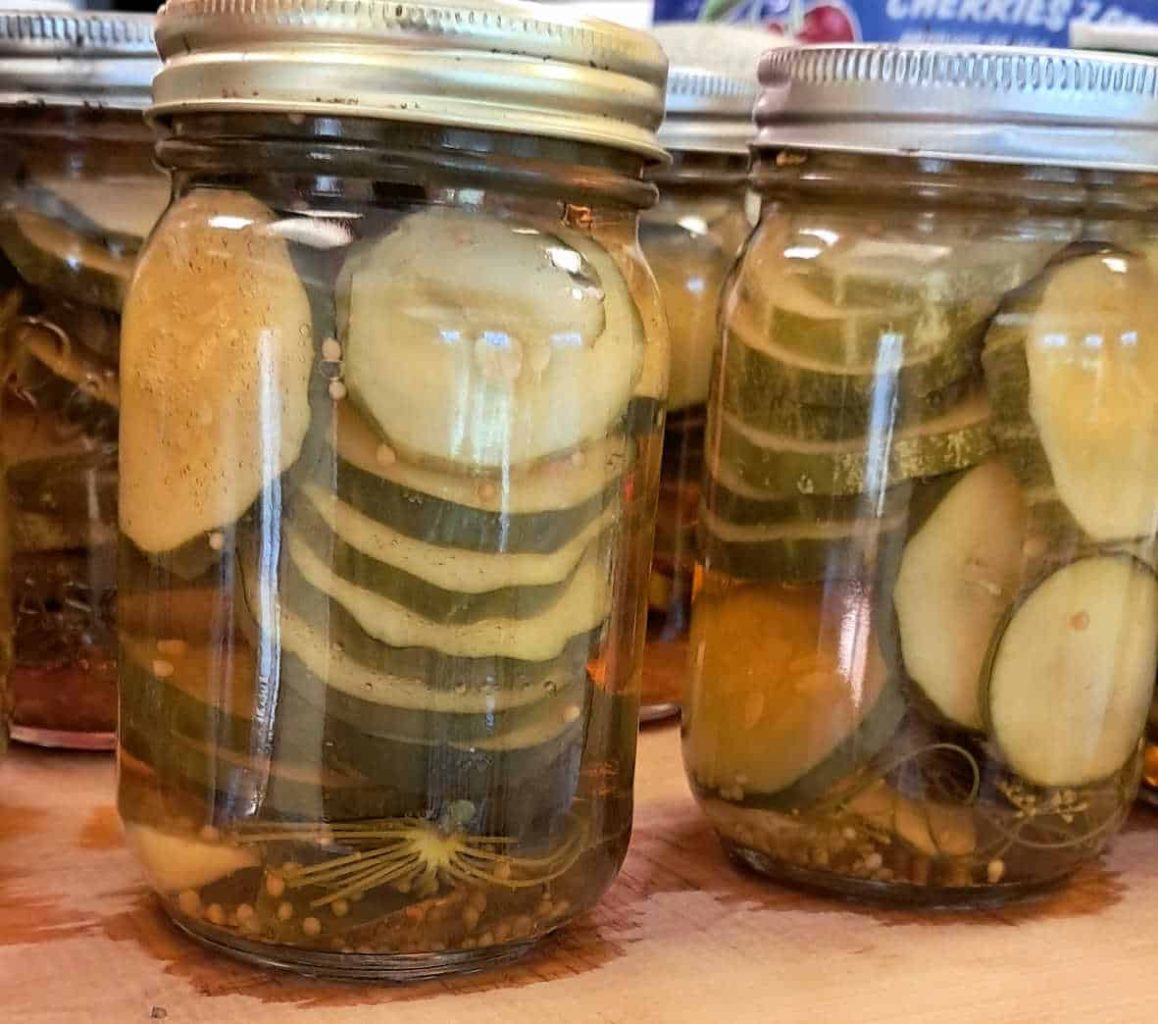 a boiling water bath canned jar of bread and butter pickles