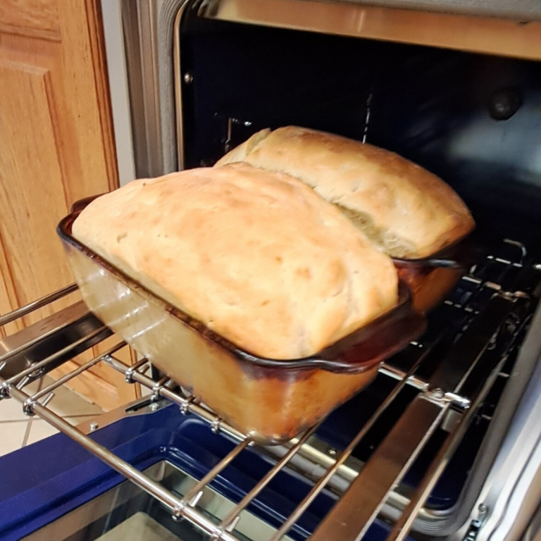 two loaves of bread in the oven